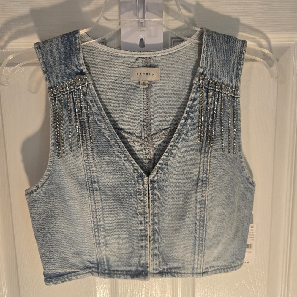 PacSun Womens Light Wash Denim Rhinestone Fringe Cropped Vest Blue Small NWT